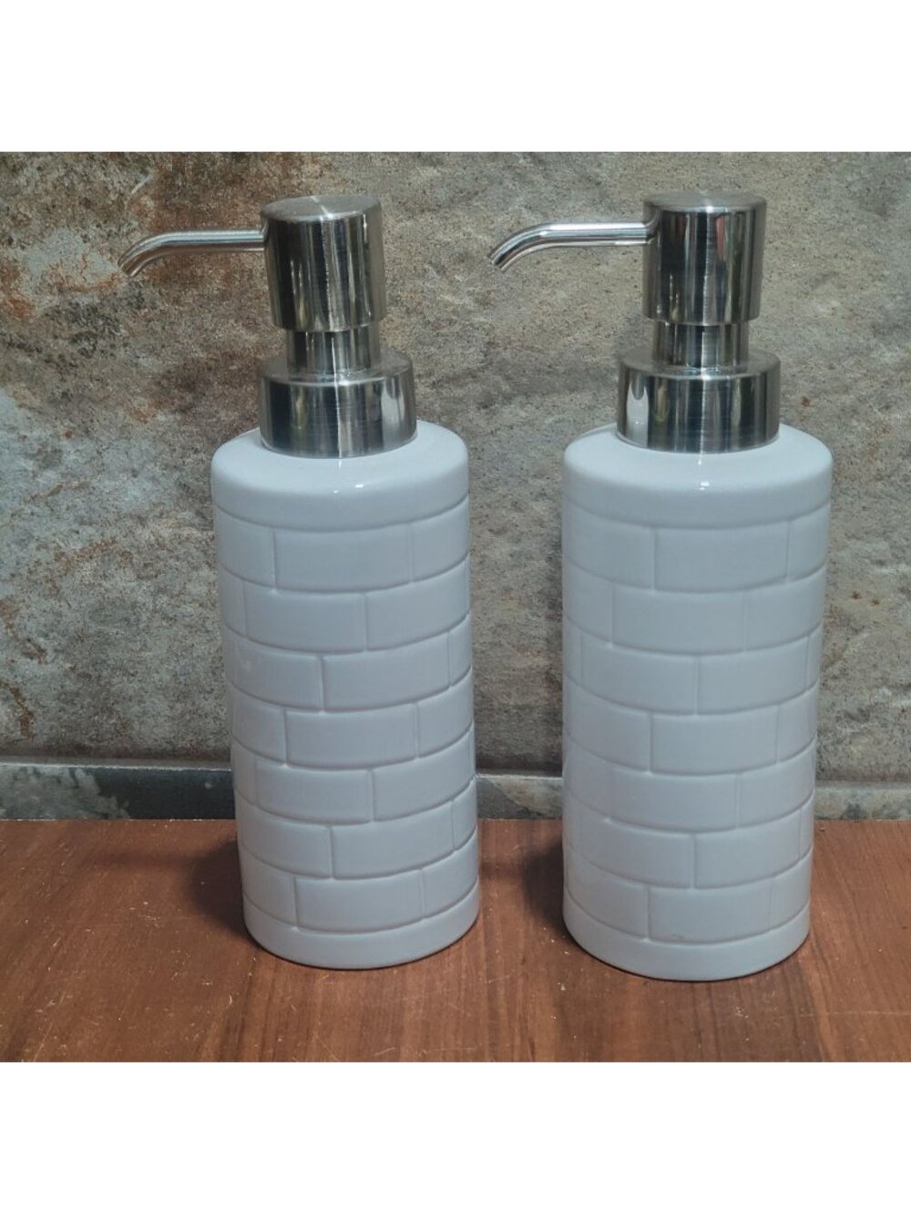 Threshold White Ceramic Soap Dispenser Set 2pc Subway Tile Brick Pattern Chrome